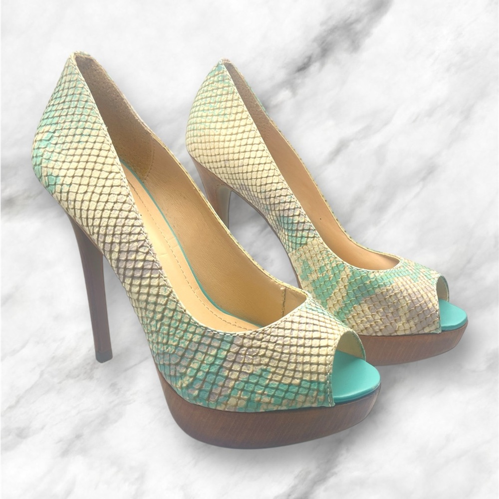 Akira Snakeskin Open-Toe Heels